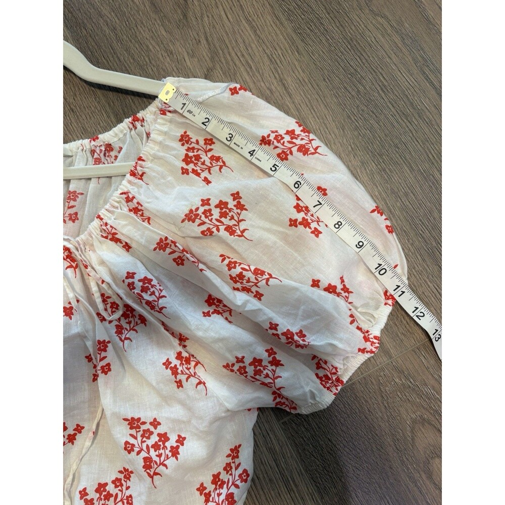 H&M Womens White Linen Blend Blouse Red Floral Puff Sleeve Cropped Peasant Sz S - Picture 8 of 8